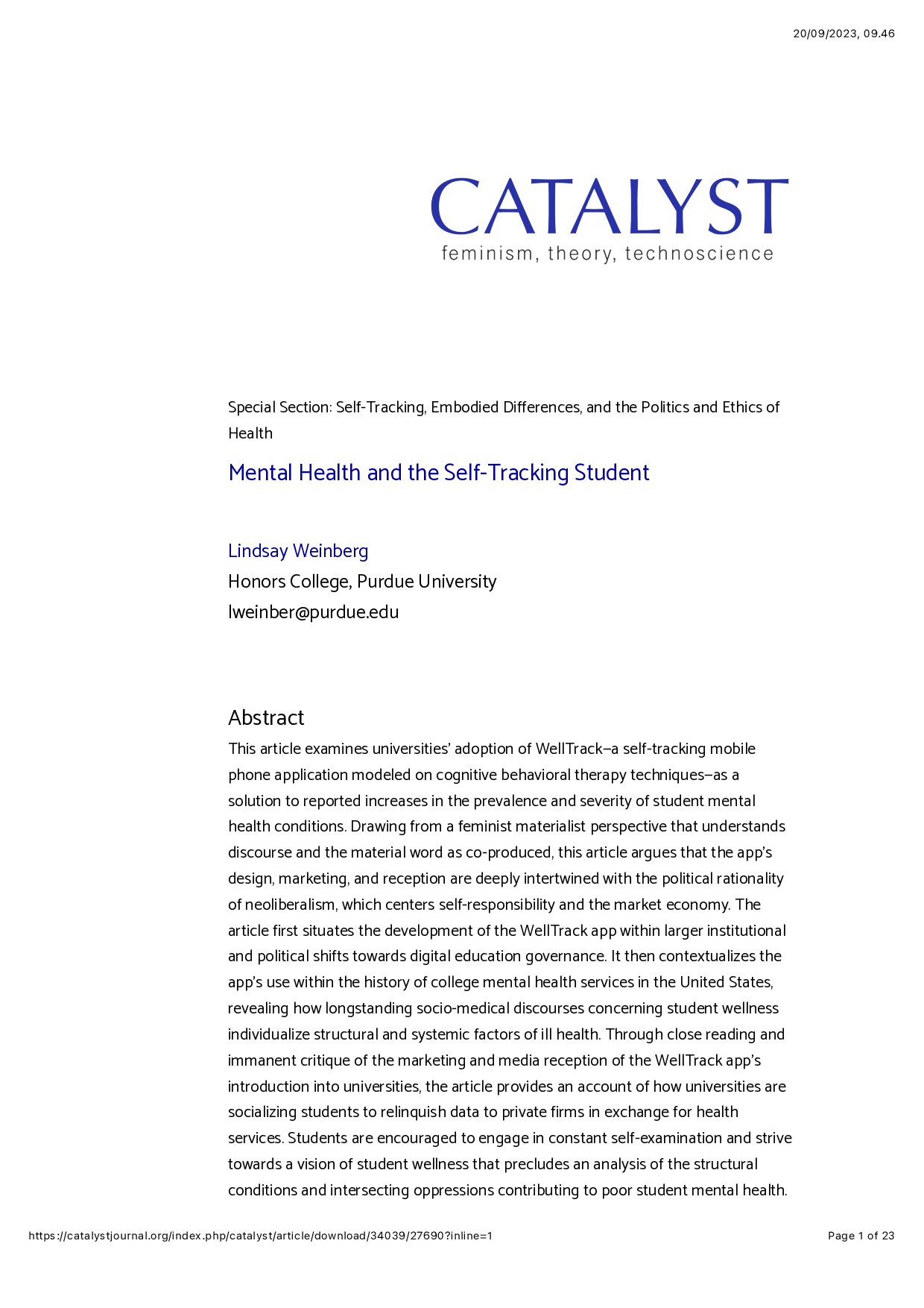 Mental Health and the Self-Tracking Student