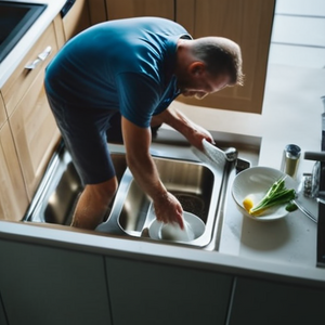 Image generated with the prompt Man washing the dishes