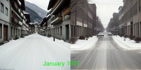 Side by side a street in Switzerland and a street in the US over several centuries
