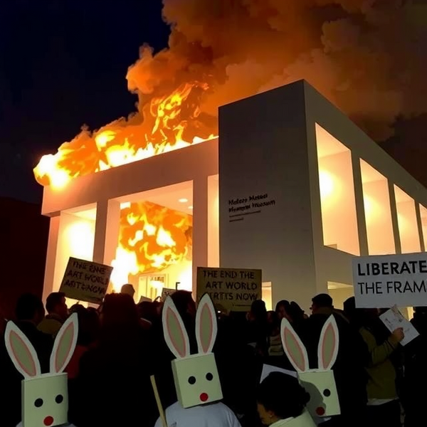 File:Amateurish photo of the new york modern museum of art in flames contrast between the white building and the flames at night a crowd of artists dressed as rabbits and donkeys in the fo 2123705561.png