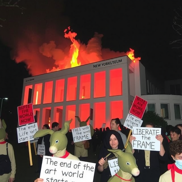 File:Amateurish photo of the new york modern museum of art in flames contrast between the white building and the flames at night a crowd of artists dressed as rabbits and donkeys in the fo 3133295262.png
